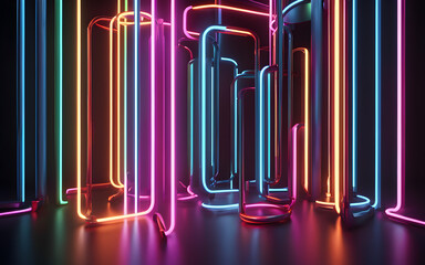 3D render of neon glowing tubes, dynamic arrangement, dark background