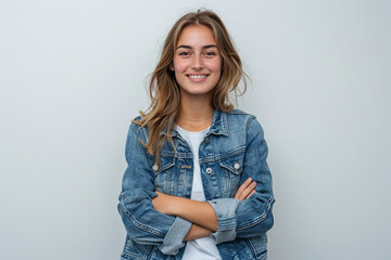 A young woman in a denim jacket smiling with arms crossed against a plain white background, conveying confidence and casual style.