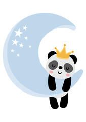 Wall Mural - Cute panda sleeping on moon with crown on head