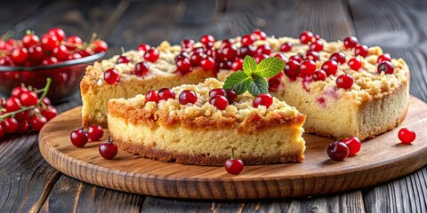 Wall Mural - Delicious Ribiselkuchen cake with red currants and crumble topping , dessert, homemade, pastry, baking, sweet, fruit, delicious