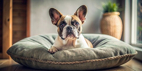 Poster - French bulldog relaxing on a cozy cushion, French bulldog, lying down, relaxation, cushion, cozy, pet, animal, cute, adorable