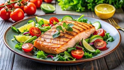 Sticker - Grilled salmon fillet with fresh vegetable salad ketogenic lunch, Grilled, salmon, fish, fillet, fresh, green, leafy