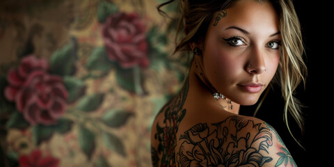 Poster - young woman slender body covered in tattoo  