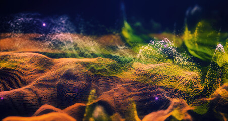 Abstract moving futuristic landscape of particles and dots of energy magic with glow and blur effect, abstract background