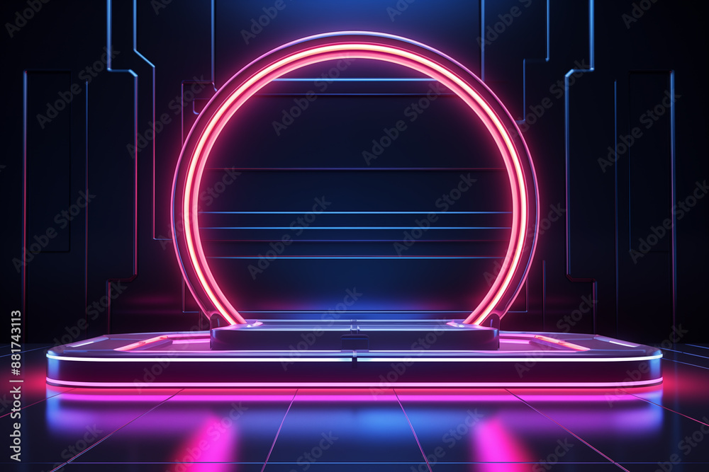 Futuristic neon circle platform with vibrant pink and blue lights, set ...
