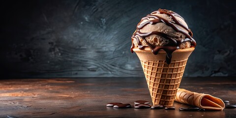 Poster - Delicious ice cream with chocolate topping , dessert, sweet, creamy, indulgent, treat, cold, frozen, scoops, yummy