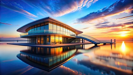 Wall Mural - Futuristic architecture on water at sunset in blue and orange colors rendering, futuristic, architecture, water, sunset