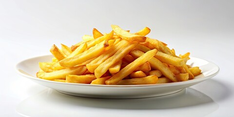 Wall Mural - Golden crispy french fries on a white plate, french fries, fast food, potatoes, snack, crunchy, deep fried, unhealthy