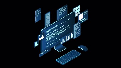 Wall Mural - Isometric computer technology animation. Desktop computer platforms. Software programming coding concept. Code with computer monitor. Transparent background with alpha channel