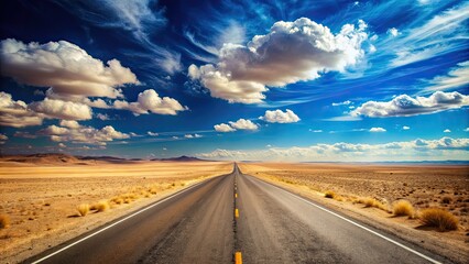 Poster - Desert road leading into the horizon under a bright blue sky, desert, road, barren, landscape, sunny, arid, journey, traveling, highway