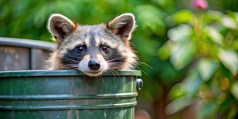 Sticker - Curious raccoon peeking out from behind a garbage can in a suburban backyard, raccoon, curious, peeking, garbage can, suburban