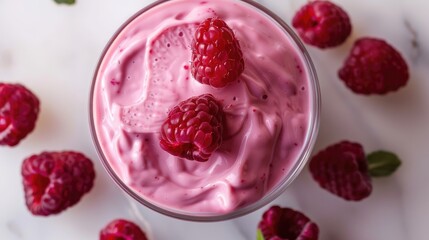 Poster - Close up top view photo of raspberry yogurt in glass bowl on white table