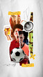 © master1305 - Dynamic collage showing vibrant energy of soccer fans with painted faces, cheering with beer, showing excitement of game. Creative design. Concept of sport, entertainment, event, world cup