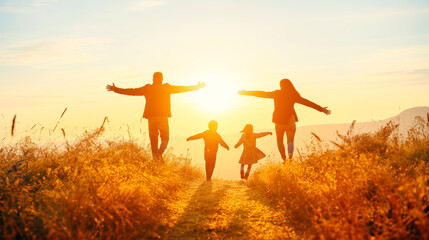 Poster - A family enjoying a sunset together in a field, silhouetted against a warm golden light, embodying togetherness and happiness. Generative AI