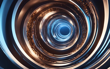 Wall Mural - Abstract spiral tunnels with metal patterns and blue lights