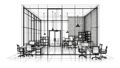 Poster - Wireframe design of an office interior on a white background, showcasing the concept of architectural planning. Generative AI