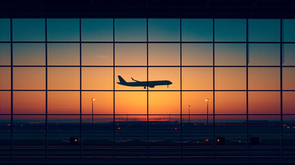 Poster - Silhouetted airplane flying at sunset, viewed through a window grid, concept of travel and aviation. Generative AI
