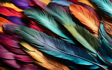 Wall Mural - Closeup of iridescent feathers, vibrant colours, and detailed texture