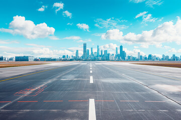 Empty urban runway with city skyline, photo style, cloudy sky background, concept of travel and transportation. Generative AI