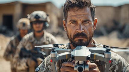 Portrait of a middle aged Caucasian male military man in military uniform holding a drone while in a military conflict or counter-terrorism operation surrounded by military