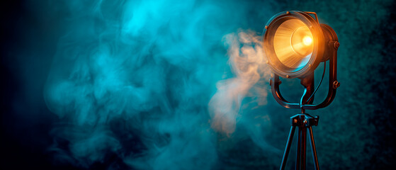 Poster - An illuminated vintage spotlight with blue smoke in the dark, on a textured background, concept of theater or performance. Generative AI