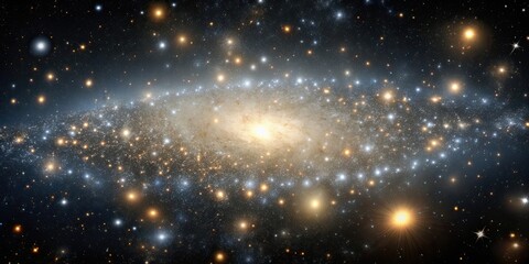 Wall Mural - dwarf galaxy with scattered stars, faint glow, dark background, closeup shot, small yet vibrant