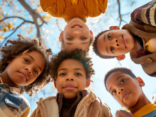 Wall Mural - A group of diverse children looking down at the camera with a sunny sky in the background, concept of friendship. Generative AI