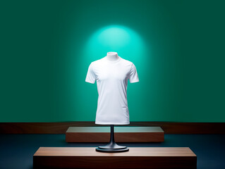 Wall Mural - A white t-shirt on a mannequin spotlighted with a dramatic green background for branding and design mockups. Generative AI