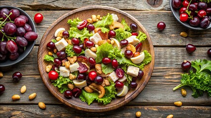 Poster - Flat lay of a colorful and healthy chicken salad with grapes, cashews, and cranberries on a rustic wooden table , food