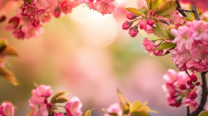 Canvas Print - Pink cherry blossom branch in garden horizontal outdoor image with blank space