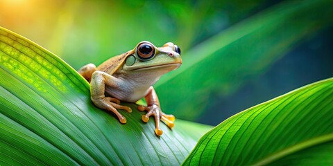 Poster - Frog perched on a vibrant green leaf in a natural setting, frog, leaf, nature, wildlife, amphibian, green, natural, environment