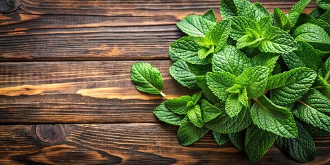 Wall Mural - Fresh mint and molasses herb leaves on wooden table viewed from above, green, leaves, mint, fresh, herbs, wooden, table