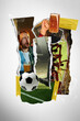 © master1305 - Dynamic collage showcasing passion of sports fans, combining elements of soccer, cheering crowds, and beer. Creative collage. Concept of sport, entertainment, event, world cup