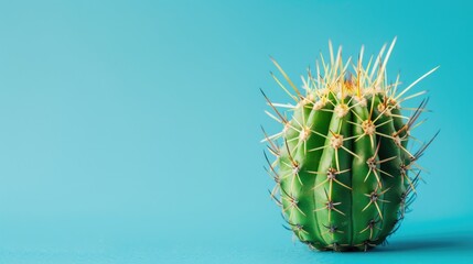 Sticker - Close up of a small green cactus on blue backdrop