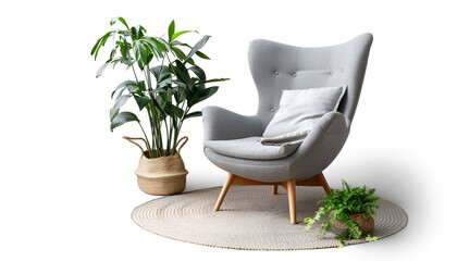 Wall Mural - One grey armchair with pillow, houseplant and rug isolated on white