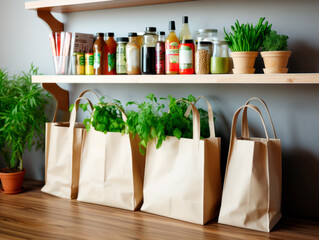 Poster - Paper bags filled with fresh herbs on a kitchen counter with groceries on shelves, clean real-life setting, concept of eco-friendly shopping. Generative AI