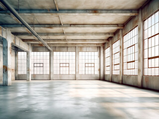 Wall Mural - An empty industrial loft with large windows, concrete columns, and glossy floor, concept of spacious interior. Generative AI