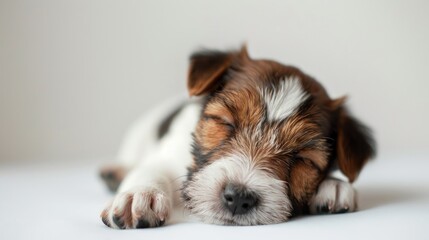 Canvas Print - Adorable and amusing fox terrier puppy resting indoors trained and posing in a white background