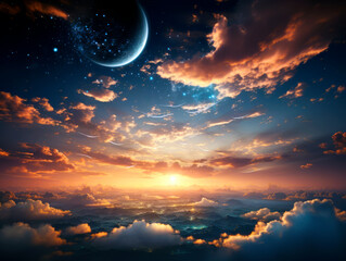Poster - A fantastical landscape with clouds, a sunrise and an alien planet against a starry sky, conveying a sci-fi or fantasy concept. Generative AI