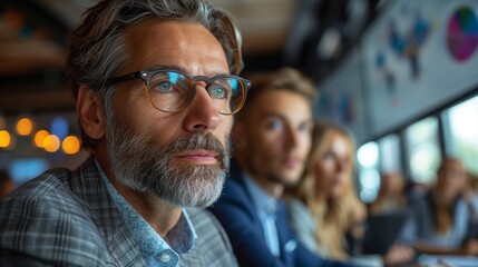 Poster - Focused Businessman in Conference Room. Mature businessman in glasses attentively listening during a business meeting in a modern conference room.
