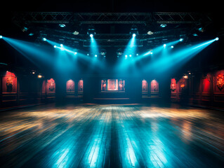 Poster - An empty stage with atmospheric blue spotlights on a dark background, capturing the concept of anticipation. Generative AI