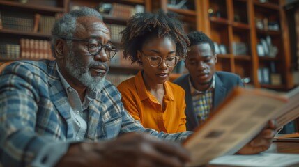 Poster - Business Team in Library. An older man and two young professionals reviewing documents in a library, showcasing a blend of tradition and modern business.