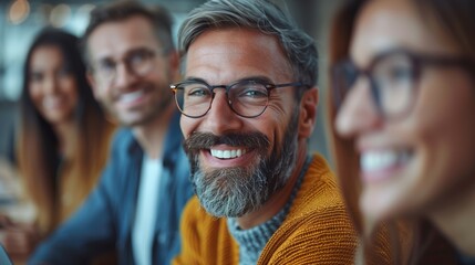 Poster - Cheerful Businessman in Meeting. Cheerful businessman with glasses smiling during a meeting with colleagues in a modern office.