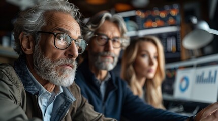 Poster - Focused Business Team Analyzing Data. Focused business team of two older men and a young woman analyzing data on screens in a modern office.