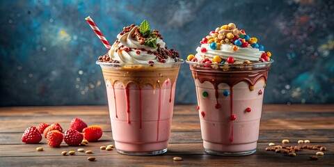 Wall Mural - Two milkshake drinks in takeaway cups, one red and one with colorful toppings , milkshake, drinks, takeaway, cups, red