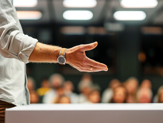 Poster - Close-up of a speaker's hand gesturing during a presentation, with a blurred audience in the background, concept of public speaking. Generative AI
