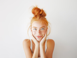 Poster - A smiling woman with her hands on her cheeks against a white background, conveying joy and positivity. Generative AI