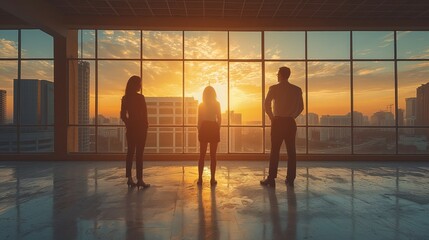 Poster - Business professionals watching sunrise from office. Three business professionals standing in an office, watching a stunning sunrise through large windows with a cityscape view.