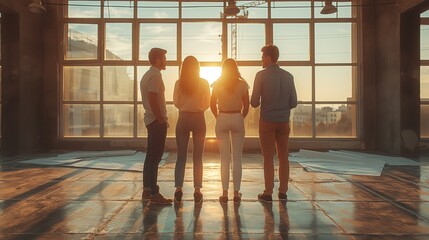 Poster - Group of professionals in modern office at sunset. Four professionals standing in a modern office space, gazing out at the sunset through large windows, with a warm glow.