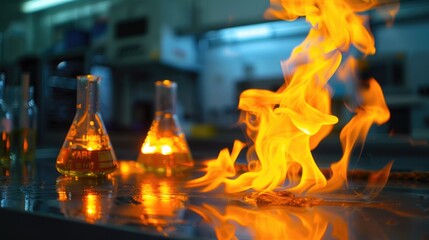 Close up of flaming alcohol burner in biohazard hood in lab with blurred background Medical and research concept Rope charred black